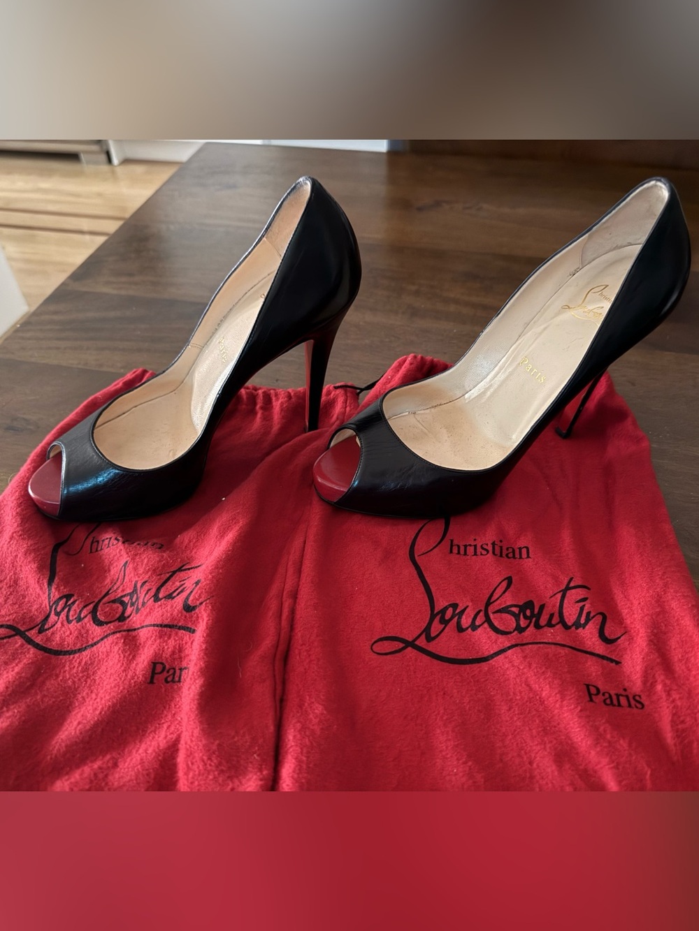Christian Louboutin Black Patent Leather Open-Toe Stilettos with Red Sole